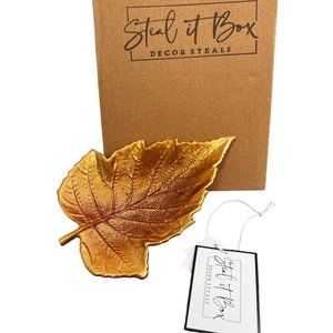 Decor Steals Golden Metal Leaf Tray Dish Fall Decor Cast Iron Candy Jewelry NIB